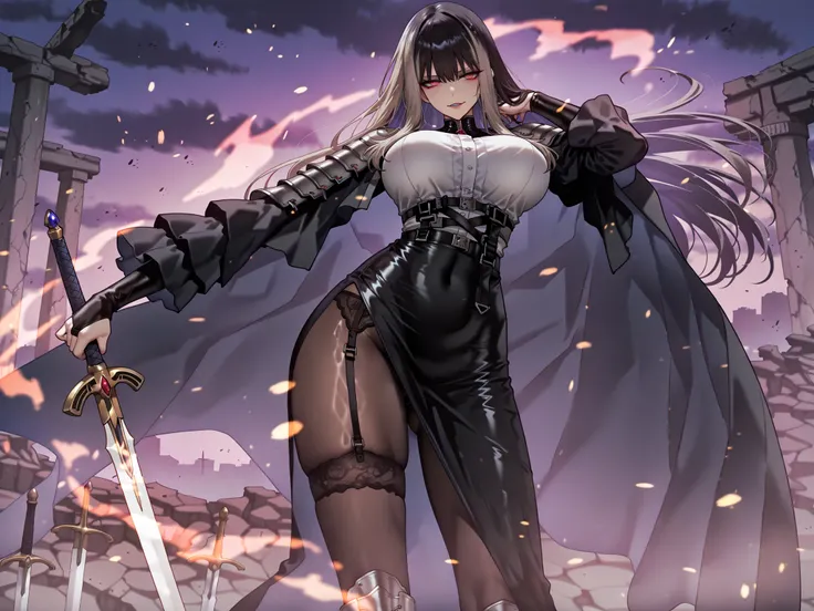 taken from above、Ball of Light、雷magic、caveの中、Ruins、black suit、black longsuit、 black long jacket、ゴスロリなshirt、Depressed、Tall Woman、A woman in her thirties、 Alassah's woman、Steins;Gate、 black longsuit 、score_9, score_8_up, score_7_up, Source_anime,masterpiece、...