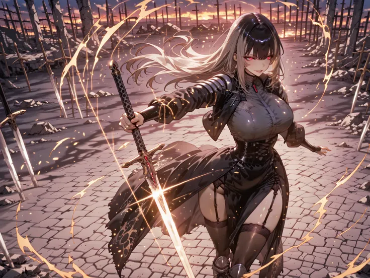 taken from above、Ball of Light、雷magic、caveの中、Ruins、black suit、black longsuit、 black long jacket、ゴスロリなshirt、Depressed、Tall Woman、A woman in her thirties、 Alassah's woman、Steins;Gate、 black longsuit 、score_9, score_8_up, score_7_up, Source_anime,masterpiece、...