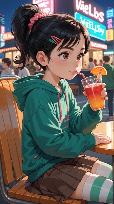 1 girl, VanellopevonS, 1girl, anime style, solo, black hair, hair ornament, hair scrunchie, green hoodie, hood down, brown skirt, striped thighhighs, small girl, cute, solo, sit, reclined, close up, Miami, terrace, outdoor, night, neon lights, raytracing, ...