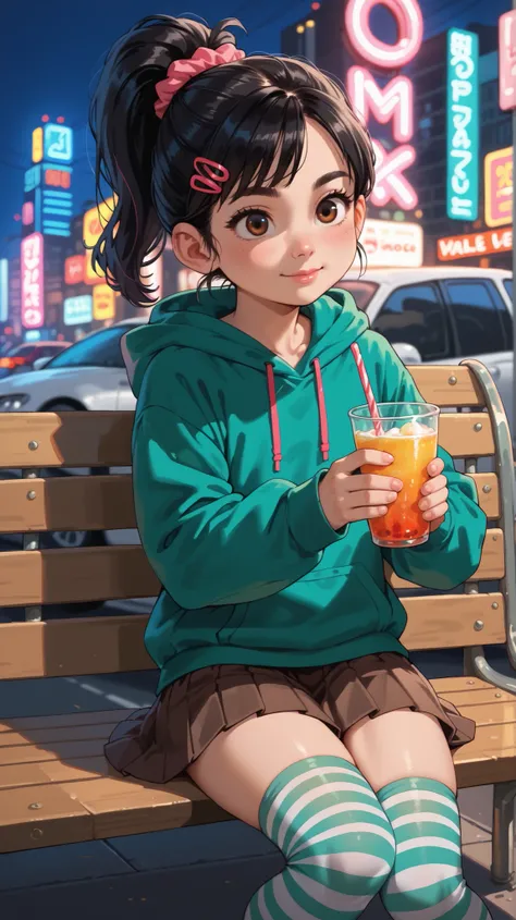 1 girl, VanellopevonS, 1girl, anime style, solo, black hair, hair ornament, hair scrunchie, green hoodie, hood down, brown skirt, striped thighhighs, small girl, cute, solo, sit, reclined, close up, Miami, terrace, outdoor, night, neon lights, raytracing, ...