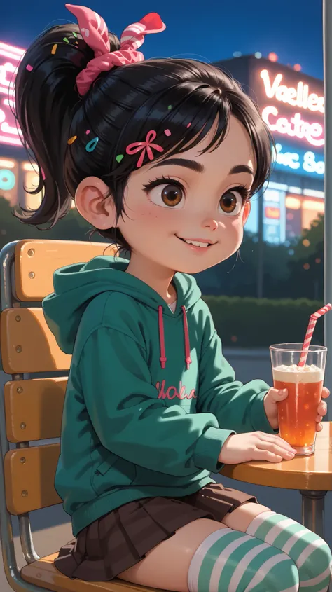 1 girl, VanellopevonS, 1girl, anime style, solo, black hair, hair ornament, hair scrunchie, green hoodie, hood down, brown skirt, striped thighhighs, small girl, cute, solo, sit, reclined, close up, Miami, terrace, outdoor, night, neon lights, raytracing, ...