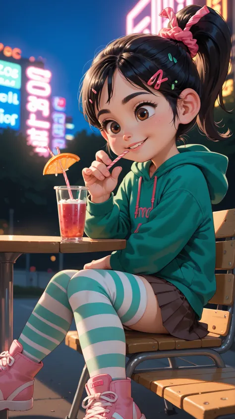 1 girl, VanellopevonS, 1girl, anime style, solo, black hair, hair ornament, hair scrunchie, green hoodie, hood down, brown skirt, striped thighhighs, small girl, cute, solo, sit, reclined, close up, Miami, terrace, outdoor, night, neon lights, raytracing, ...