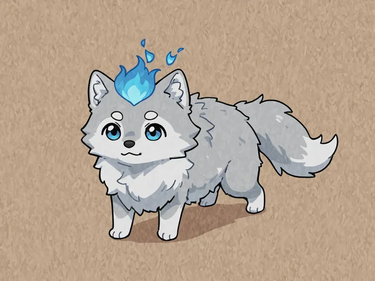 deformed, anime、cute、The head is one、child's white wolf, blue flame in the background , Quadrupedal, facing the front, 