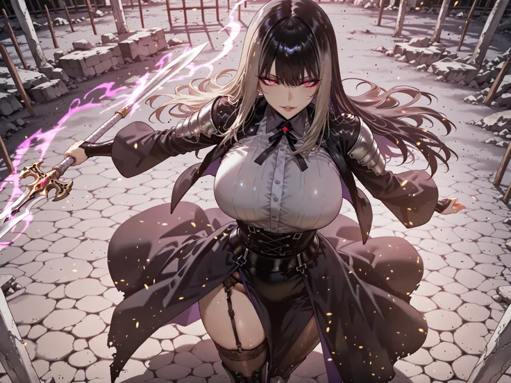 taken from above、Ball of Light、雷magic、caveの中、Ruins、black suit、black longsuit、 black long jacket、ゴスロリなshirt、Depressed、Tall Woman、A woman in her thirties、 Alassah's woman、Steins;Gate、 black longsuit 、score_9, score_8_up, score_7_up, Source_anime,masterpiece、...