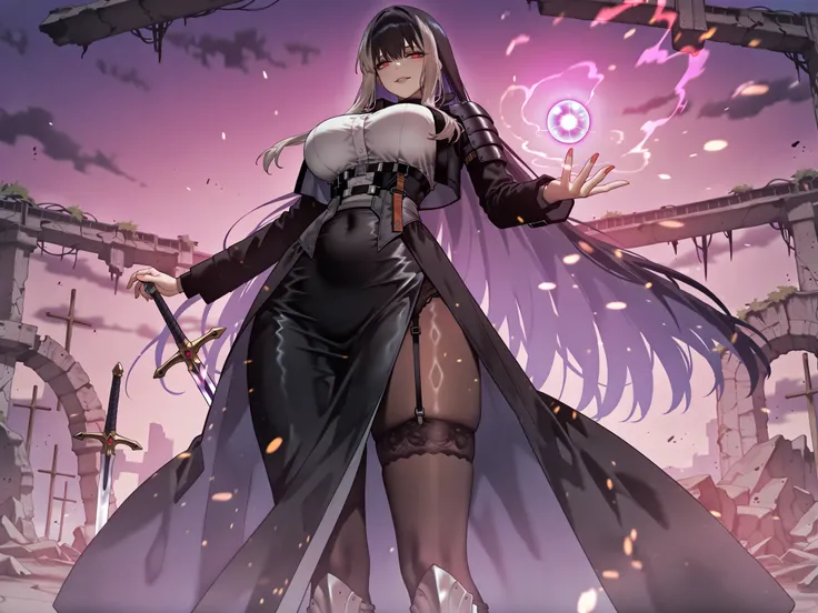 taken from above、Ball of Light、雷magic、caveの中、Ruins、black suit、black longsuit、 black long jacket、ゴスロリなshirt、Depressed、Tall Woman、A woman in her thirties、 Alassah's woman、Steins;Gate、 black longsuit 、score_9, score_8_up, score_7_up, Source_anime,masterpiece、...