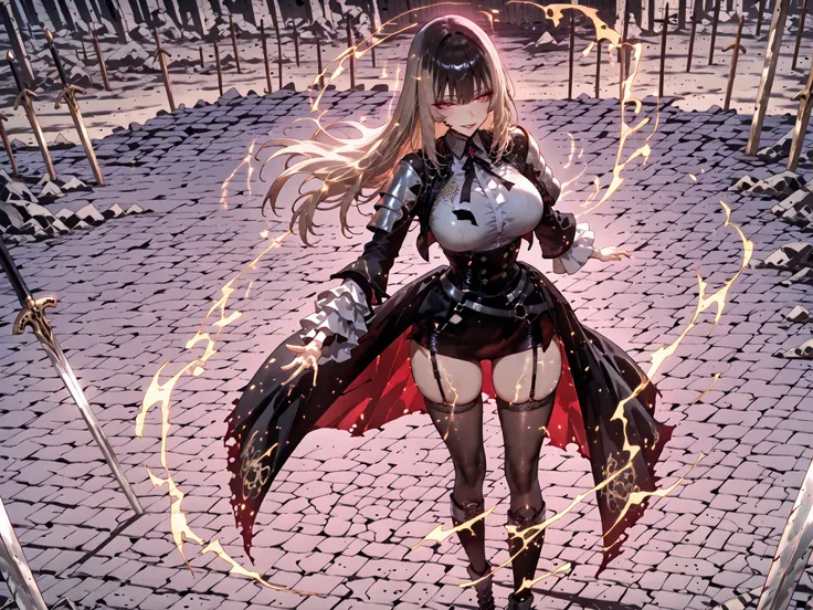 taken from above、Ball of Light、雷magic、caveの中、Ruins、black suit、black longsuit、 black long jacket、ゴスロリなshirt、Depressed、Tall Woman、A woman in her thirties、 Alassah's woman、Steins;Gate、 black longsuit 、score_9, score_8_up, score_7_up, Source_anime,masterpiece、...