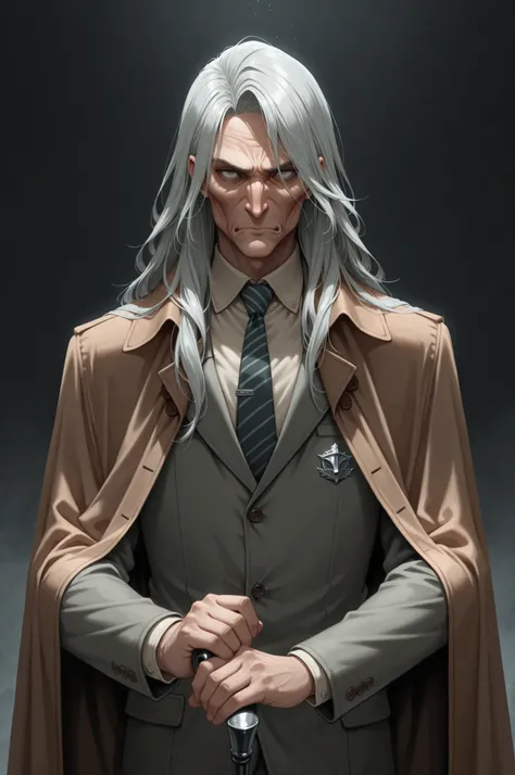 masterpiece,best quality, 1man,solo,male,elder,60yo,detective,long hair,shoulder length, Silver Hair,Gray-green eyes、sharp eyesight、high nose、Sunken cheeks,Suits,cape,cane,holding cane,upper body,