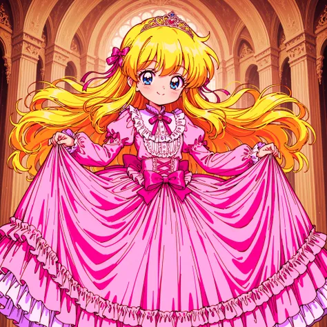 ((Lora.girls book story sdxl,retro anime,hi vision,)),A Cute Princess, she is smiling,((pink Silk Satin Victorian big Ball Gown Dress.:1.0)),baby face,short tall,long sleeves,The dress is decorated with lots of frills and ribbons., blond wave Long hair tha...