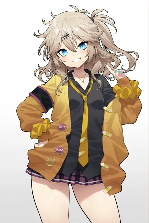 master piece、masterpiece、top quality、1girl,Kasukabe Tsumugi,blue eyes,light brown hair,Single Side Up,Lashes,mole under eye,Eyebrows Seen Through Hair,nail polish,tooth,small breasts, shirt,black shirt,necktie,miniskirt,jacket、Extremely Aesthetic, very hig...