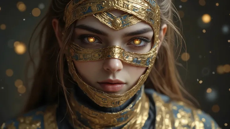 "( better quality , high resolution),1girl,Close-up of a mummy's face,covered in bandages with golden hieroglyphs,(Detailed:1.1),(Bright and intense colors:1.1),(realistic:1.1) graphic art style,frightening,eye sockets with bright golden eyes,Detailed ...