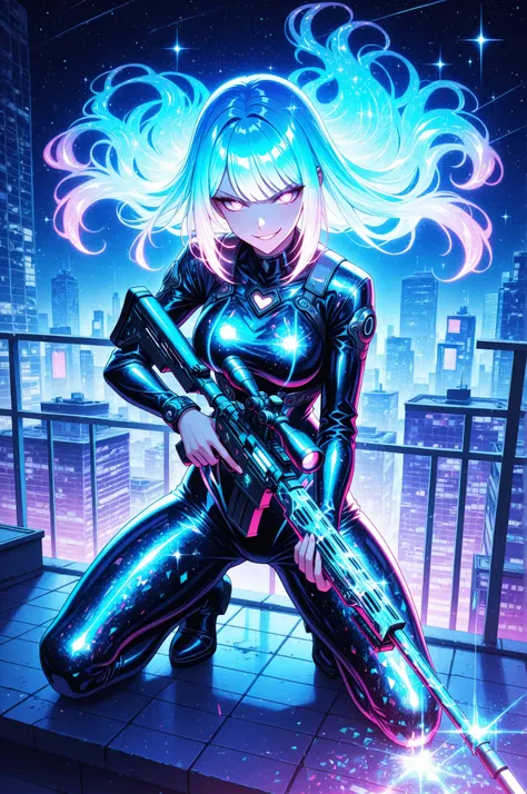 (masterpiece), best quality, 1girl, flirting smirk, kneeling on rooftop, holographic, holofoil glitter, faint, glowing, ethereal, neon hair, glowing hair, long hair, bob-like layers ,trigger discipline, sniper rifle, looking at the viewer
 
