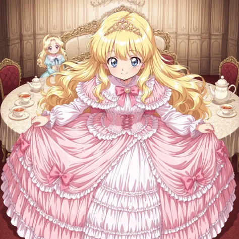 1990’s style anime,Lot of Cute Princesses,little girls,They have a tea time,((wide view:1.5)),detailed tea set on the table,she is smiling,((pastel colors Silk Satin Victorian big Ball Gown Dress.:1.0)),detailsed cute face,long sleeves,The dress is decorat...