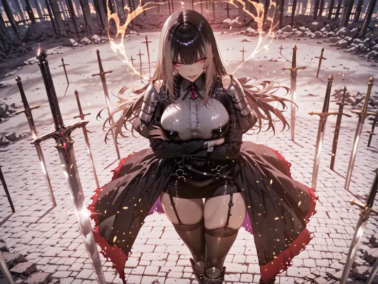 taken from above、Ball of Light、雷magic、caveの中、Ruins、black suit、black longsuit、 black long jacket、ゴスロリなshirt、Depressed、Tall Woman、A woman in her thirties、 Alassah's woman、Steins;Gate、 black longsuit 、score_9, score_8_up, score_7_up, Source_anime,masterpiece、...