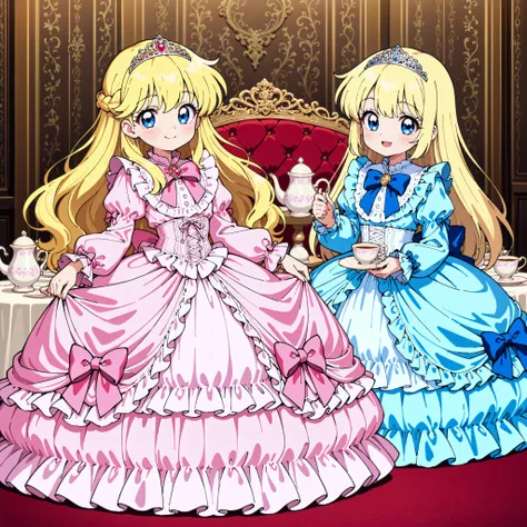 ((Lora:girls book story sdxl:1.1,retro anime,hi vision)),Lot of Cute Princesses,little girls,They have a tea time,((wide view:1.5)),detailed tea set on the table,she is smiling,((pastel colors Silk Satin Victorian big Ball Gown Dress.:1.0)),detailsed cute ...
