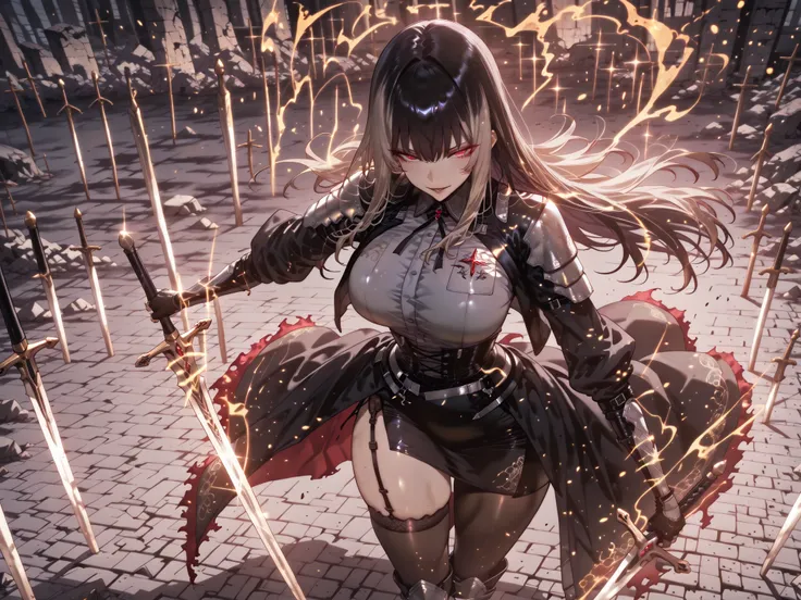 taken from above、Ball of Light、雷magic、caveの中、Ruins、black suit、black longsuit、 black long jacket、ゴスロリなshirt、Depressed、Tall Woman、A woman in her thirties、 Alassah's woman、Steins;Gate、 black longsuit 、score_9, score_8_up, score_7_up, Source_anime,masterpiece、...