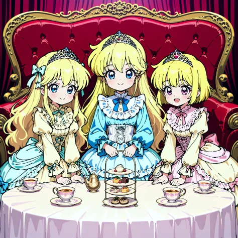((Lora:girls book story sdxl:1.1,retro anime,hi vision)),Lot of Cute Princesses,little girls,They have a tea time,((wide view:1.5)),detailed tea set on the table,she is smiling,((pastel colors Silk Satin Victorian big Ball Gown Dress.:1.0)),detailsed cute ...