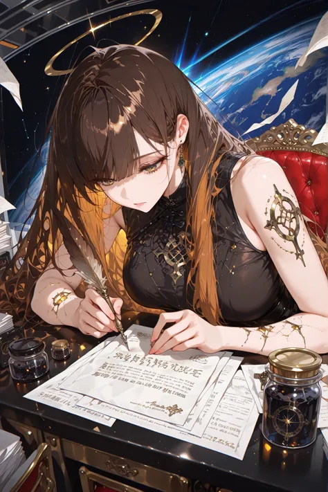 masterpiece, best quality, very aesthetically pleasing, high contrast, newest, sfw, 1 divinely beautiful dragon woman, looking down, close up of a ethereal girl, upper body, portrait, colorful splash effect, gold runes, magic runes, one brown eye, one silv...