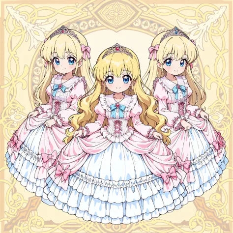 ((Lora:girls book story sdxl:1.1,retro anime,hi vision)),Lot of Cute Princesses,little girls,((wide view:1.5)),she is smiling,((pastel colors Silk Satin Victorian big Ball Gown Dress.:1.0)),detailsed cute face,long sleeves,The dress is decorated with lots ...