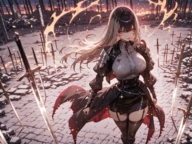 taken from above、Ball of Light、雷magic、caveの中、Ruins、black suit、black longsuit、 black long jacket、ゴスロリなshirt、Depressed、Tall Woman、A woman in her thirties、 Alassah's woman、Steins;Gate、 black longsuit 、score_9, score_8_up, score_7_up, Source_anime,masterpiece、...