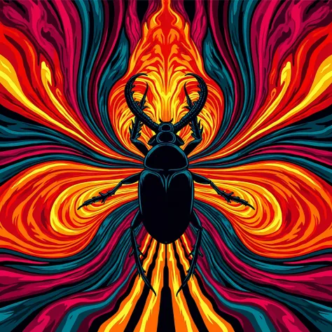 Psychedelic bug art, beetle silhouette in middle, colourful, centre simmetrical