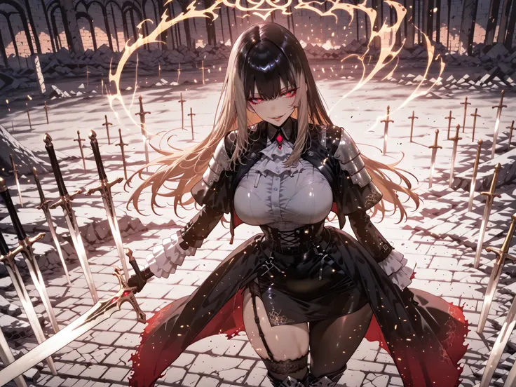 taken from above、Ball of Light、雷magic、caveの中、Ruins、black suit、black longsuit、 black long jacket、ゴスロリなshirt、Depressed、Tall Woman、A woman in her thirties、 Alassah's woman、Steins;Gate、 black longsuit 、score_9, score_8_up, score_7_up, Source_anime,masterpiece、...