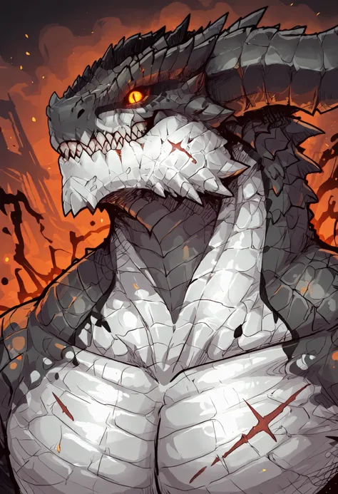 1male, solo, anthro, lizardfolk, anthro dragon lizard, solo, portrait, scaly, detailed scales, experienced predator, monstrous dragon, mercenary, grin, black scales, matte body, torso is well-defined and muscular, body robust and powerful, massive arms, de...