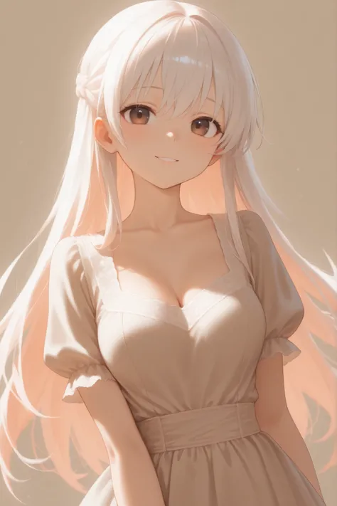 masterpiece, good resolution, HD Quality, newest. good anatomy. Good Lighting, safe. beautiful, anime, Japanese girl, delicate features. Long White Hair, Pastel Orange Hair Straps, Hairstyle. Dark Brown Eyes, happy. piel clara, Soft and smooth. Medium Brea...