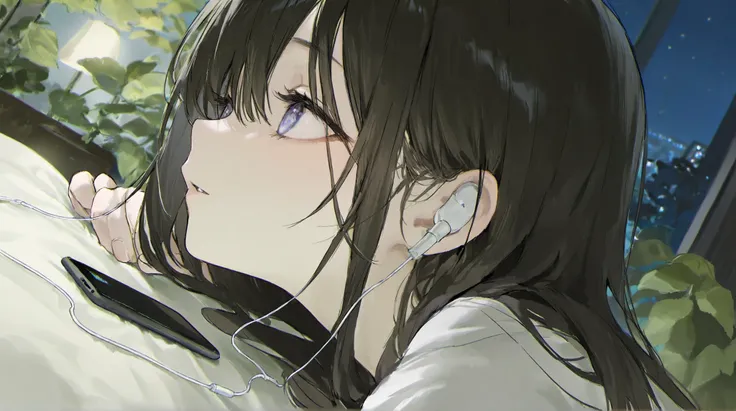 masterpiece, top quality, pale but beautiful illustration、Very awa, very high definition, Newest, very eye-catching,Very Detailed, upper body、Just a little cute 、Angle of view from side
1 girl,night、Room、Plants 2nd Floor、dark haired、Smartphone、earphones