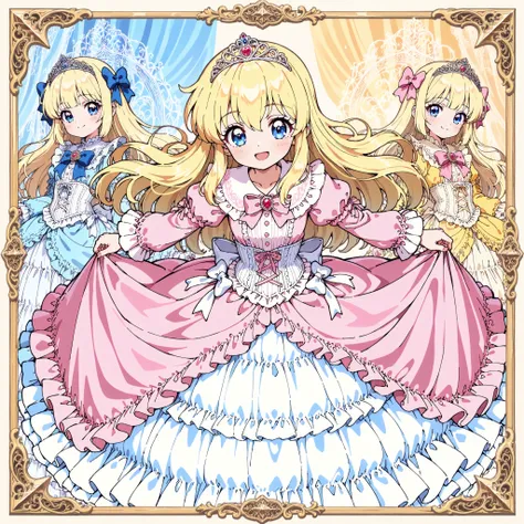 ((Lora:girls book story sdxl:1.1,retro anime,hi vision)),Lot of Cute Princesses,little girls,((wide view:1.5)),she is smiling,((pastel colors Silk Satin Victorian big Ball Gown Dress.:1.0)),detailsed cute face,long sleeves,The dress is decorated with lots ...