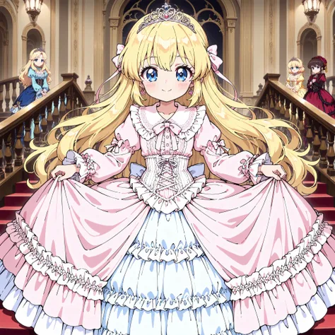 ((Lora:girls book story sdxl:1.1,retro anime,hi vision)),Lot of Cute Princesses,little girls,((wide view:1.5)),she is smiling,((pastel colors Silk Satin Victorian big Ball Gown Dress.:1.0)),detailsed cute face,long sleeves,The dress is decorated with lots ...