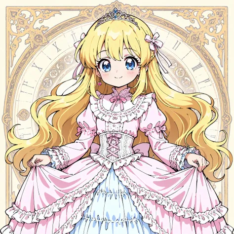 ((Lora:girls book story sdxl:1.1,retro anime,hi vision)),Lot of Cute Princesses,little girls,((wide view:1.5)),she is smiling,((pastel colors Silk Satin Victorian big Ball Gown Dress.:1.0)),detailsed cute face,long sleeves,The dress is decorated with lots ...