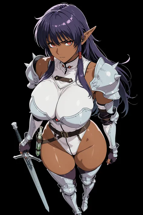 1girl, Arshes nei(Bastard!), elf, standing, sword, dark skin, white leotard, huge breasts, armor, white fingerless gloves, breastplate, shoulder armor, pevial curtain, thighhighs, boots, belt, pauldrons, spikes, thighhighs, bridal gauntlets, elbow gloves, ...