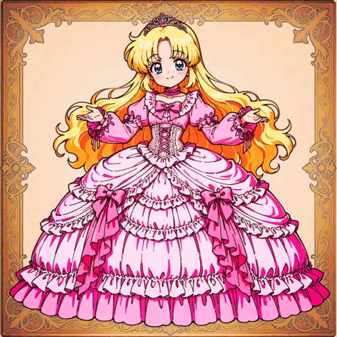 ((Lora:girls book story sdxl:1.1,retro anime,hi vision)),Lot of Cute Princesses,((wide view:1.5)),she is smiling,((pastel colors Silk Satin Victorian big Ball Gown Dress.:1.0)),detailsed cute face,long sleeves,The dress is decorated with lots of frills and...