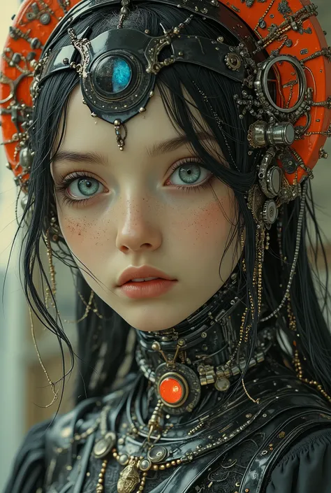 Style by Hans Giger, Alfred Kubin, Cyber-Gothic, Close-up of a stunning cyber-Gothic priestess secretary at work,superposition, romanticism, Art Deco, blank stare, wind, Noise, anxiety, colorful, intricate details, professional photo shoot, bright colors,...