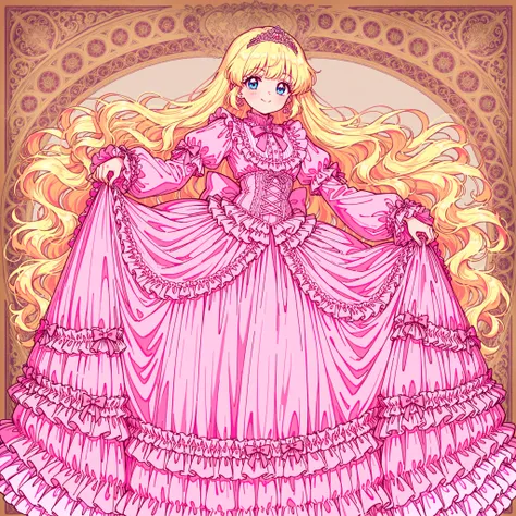 ((Lora:girls book story sdxl:1.1,retro anime,hi vision)),Lot of Cute Princesses,((wide view:1.5)),she is smiling,((pastel colors Silk Satin Victorian big Ball Gown Dress.:1.0)),detailsed cute face,long sleeves,The dress is decorated with lots of frills and...