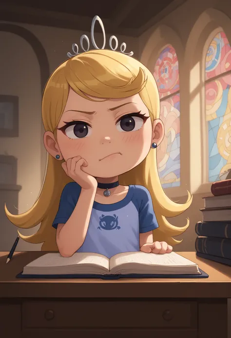 flat breasts. flat chest, skinny, huge hips, looking at viewer, 1o1a, blonde hair, tiara, Black eyes, earrings, necklace, choker. | anime style illustration, a cute female scribe sitting at a floating desk, taking notes with a magical pen, colorful sparkle...