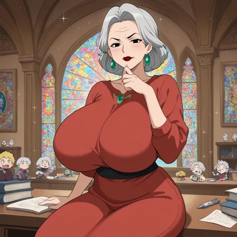 Grandma. gray hair, black eyes, short hair, dark red lips, wrinkles, earrings, makeup, huge saggy breasts, cowboy shot, frown ,looking at viewer, masterpiece, best quality, amazing quality, 2 old woman and ung guy.| anime style illustration, a cute female ...