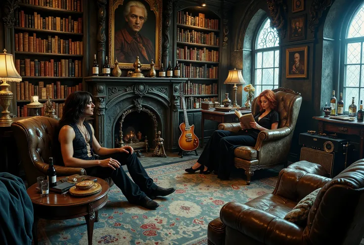 Jaded British rock star in his Gothic mansion, resembles a young Jimmy Page, long black hair, black velvet attire, guitars and amps, even a sitar,  mixed with fine tapestries and wine bottles, bookshelves with leather-bound books, stones walls, a sense of ...