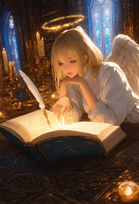 Angel wings on the back, An ethereal woman with golden hair working in an infinite celestial library, ancient books floating around her, a Quill pen of light in her hand writing in the big book of destiny, elegant fin, golden mist,
Break,
hotorealistic, m...