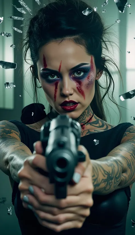 **Prompt:** Create an ultra-high resolution, cinematic horror movie poster featuring a striking female character embodying madness. She has pale skin adorned with vibrant, intricate tattoos that cover her body, accentuating her elegance. Her hair is beauti...