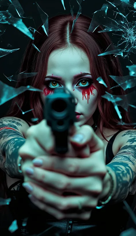 **Prompt:** Create an ultra-high resolution, cinematic horror movie poster featuring a striking female character embodying laughing in madness. She has pale skin adorned with vibrant, intricate tattoos that cover her body, accentuating her elegance. Her ha...