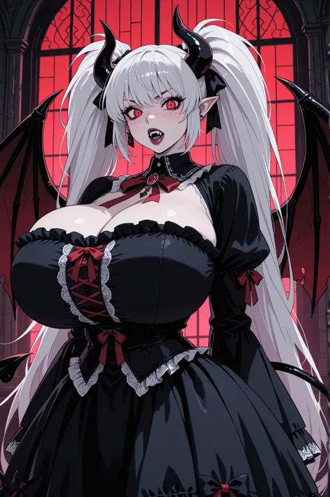masterpiece, best quality, ultra-detailed, intricate details, high resolution, sharp focus, 8k, hdr, crisp lines, perfect lighting, sharp eyes, detailed eyes, highly detailed, white twintails, beautful red eyes, big lips, gigantic breasts, freckles, gothic...