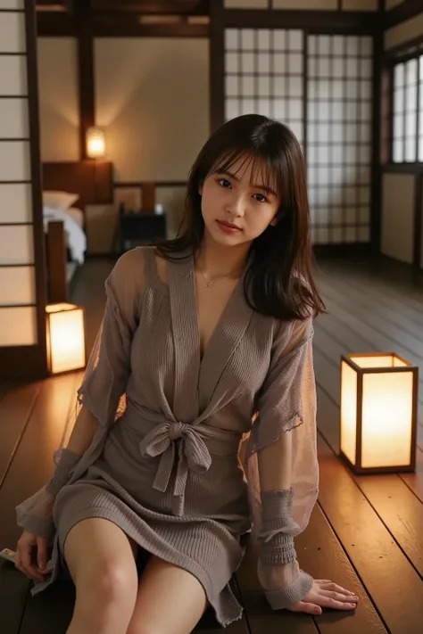 A、A young woman in a short yukata sits on the wooden floor、Illuminated by the soft light of lanterns。Her chest is revealed from a loose yukata。Japanese style architecture、Traditional Wooden Architecture、Shoji door、summer night、steam can get in、moist atmosp...