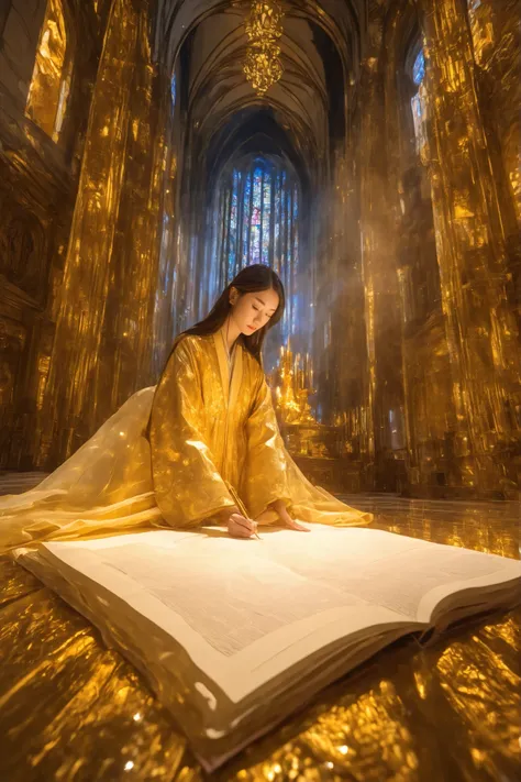 She is kneeling on an immense sheet, she is writing God's will on a sheet the size of the floor of an entire golden cathedral.、secretly influencing the world from a place where no one can notice The book of God and the magic pen with a luminous fountain il...