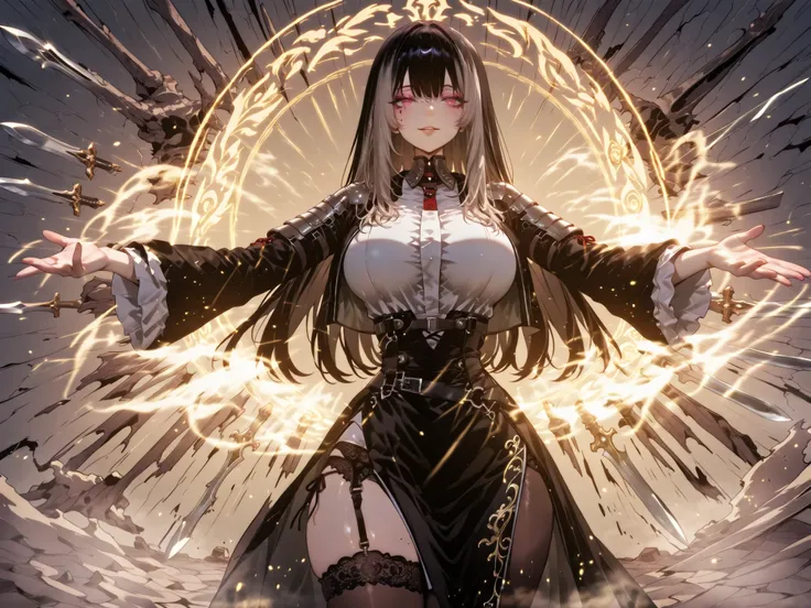 taken from above、Ball of Light、雷magic、caveの中、Ruins、black suit、black longsuit、 black long jacket、ゴスロリなshirt、Depressed、Tall Woman、A woman in her thirties、 Alassah's woman、Steins;Gate、 black longsuit 、score_9, score_8_up, score_7_up, Source_anime,masterpiece、...