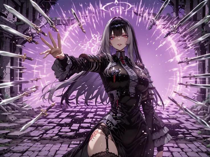 taken from above、Ball of Light、雷magic、caveの中、Ruins、black suit、black longsuit、 black long jacket、ゴスロリなshirt、Depressed、Tall Woman、A woman in her thirties、 Alassah's woman、Steins;Gate、 black longsuit 、score_9, score_8_up, score_7_up, Source_anime,masterpiece、...