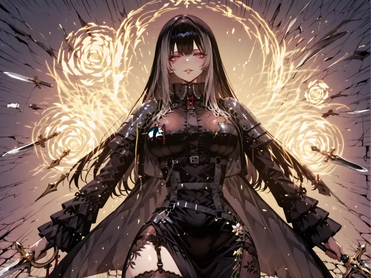 taken from above、Ball of Light、雷magic、caveの中、Ruins、black suit、black longsuit、 black long jacket、ゴスロリなshirt、Depressed、Tall Woman、A woman in her thirties、 Alassah's woman、Steins;Gate、 black longsuit 、score_9, score_8_up, score_7_up, Source_anime,masterpiece、...