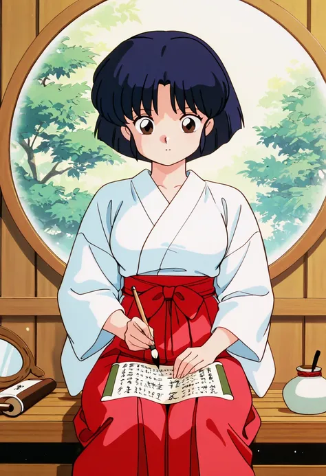 masterpiece, best quality, newest, absurdres, highres, detailed eyes, beautiful, detailed background, perfect eyes, anime coloring, 1990s \(style\), 1girl, solo, tendou akane, black hair, short hair, brown eyes, medium breasts, dark blue hair, short hair, bangs, medium breast, (the round mirror sits small wooden stand on an altar with a traditional Japanese design:1.2), (a girl is sitting upright in front of the altar, writing on a scroll with a brush:1.2), (she is facing a round mirror:1.2), wearing a White kimono with red hakama, sincere atmosphere, background is inside a traditional Japanese shrine, natural lighting, lush green forest background,