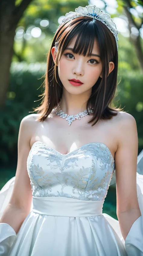 (Portrait of the upper body taken directly from the front),((A simple wedding dress made entirely of shiny pale blue satin fabric)),dress has a simple design without embellishments,LACE INNER,(masterpiece, top quality , Ultra High Accuracy),very detailed C...