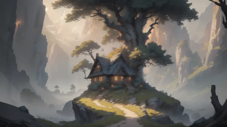 (masterpiece, best quality, ultra-detailed, award-winning concept art), a breathtaking, cinematic fantasy scene of a colossal majestic tree with glowing roots, perched and rooted atop a floating stone island, centered perfectly in the frame. the whole tree...